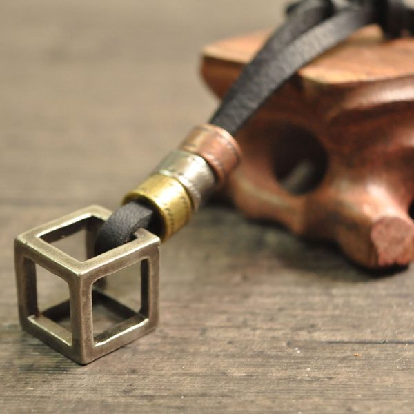 Leather Necklace for Men with Metal Cube Pendant - Image 4