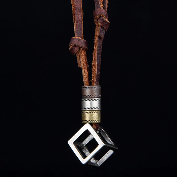 Leather Necklace for Men with Metal Cube Pendant