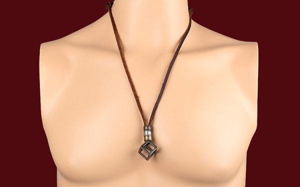 Leather Necklace for Men with Metal Cube Pendant - Image 7