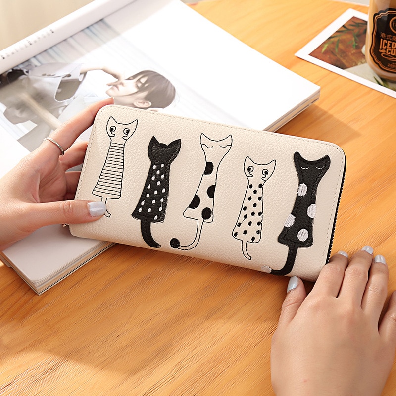 Luxury PU Leather Women Wallet with Zipper with Cat Pattern