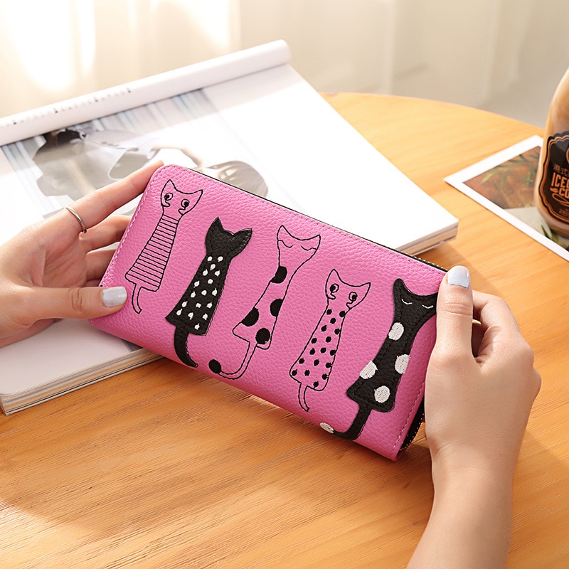 Luxury PU Leather Women Wallet with Zipper with Cat Pattern