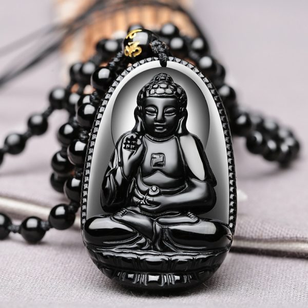 Black Obsidian Carved Buddha Pendant Necklace - Image 5