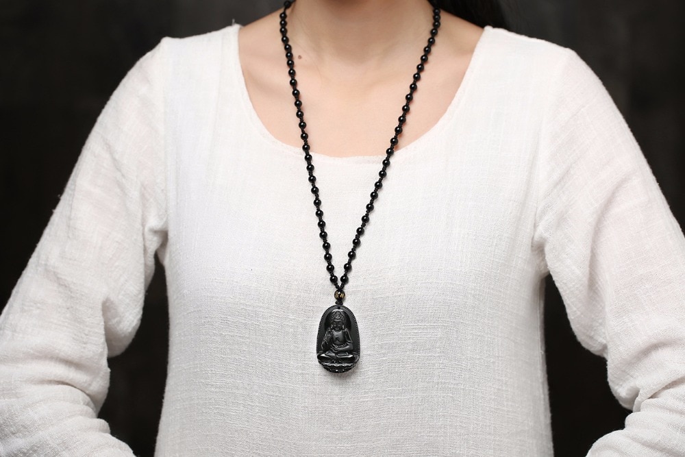 Black Obsidian Carved Buddha Pendant Necklace