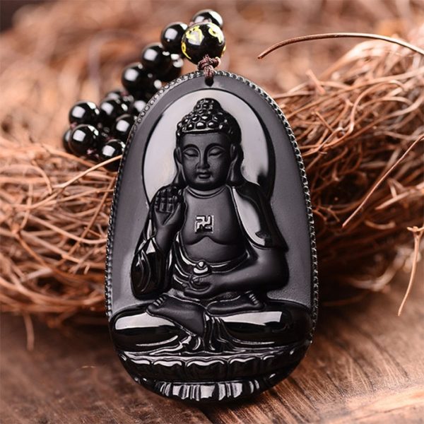 Black Obsidian Carved Buddha Pendant Necklace - Image 4