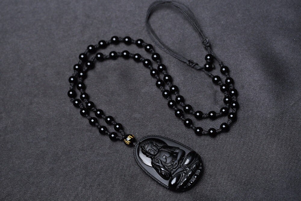 Black Obsidian Carved Buddha Pendant Necklace