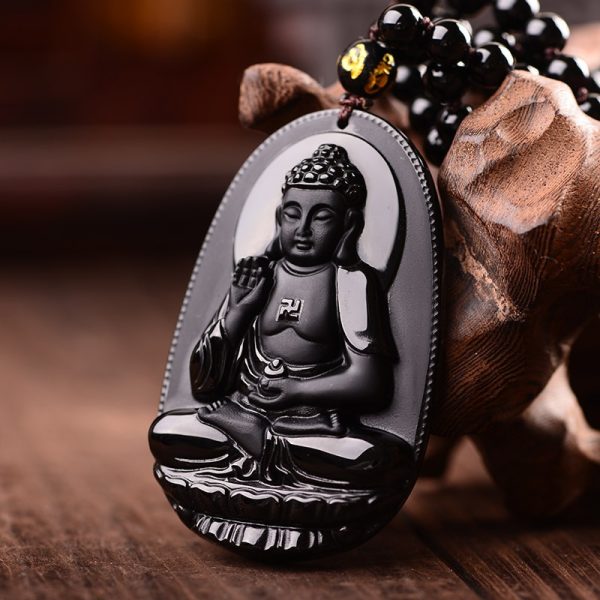 Black Obsidian Carved Buddha Pendant Necklace - Image 3