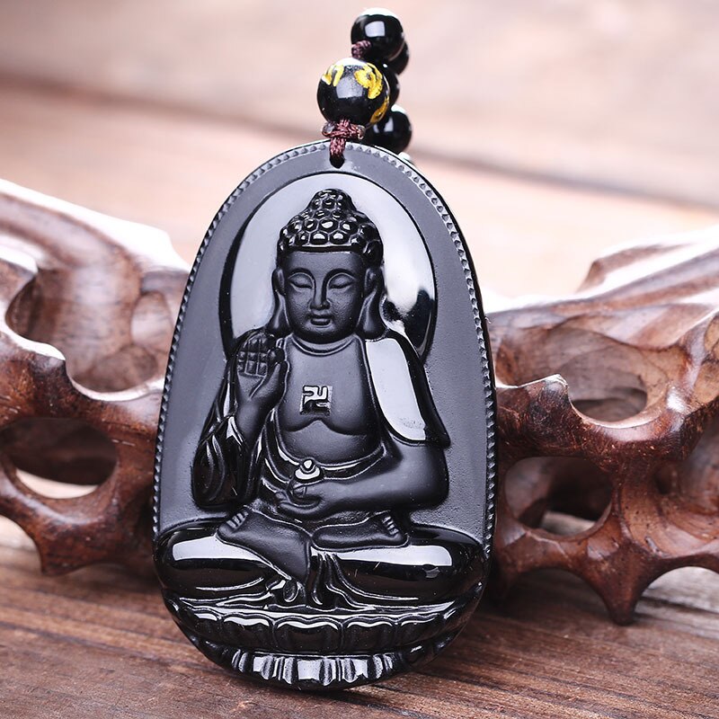 Black Obsidian Carved Buddha Pendant Necklace