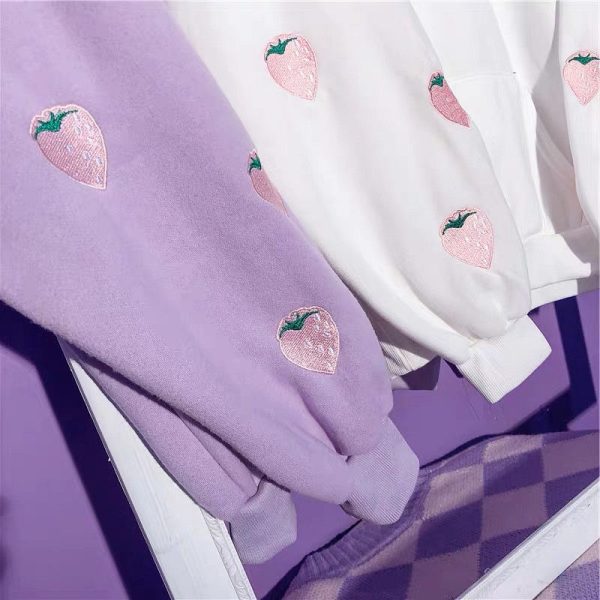 Women's Strawberry Embroidered Hooded Sweatshirt - Image 7