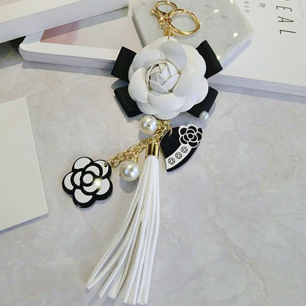 Luxury Black / White Leather Rose Keychain for Women - Image 4
