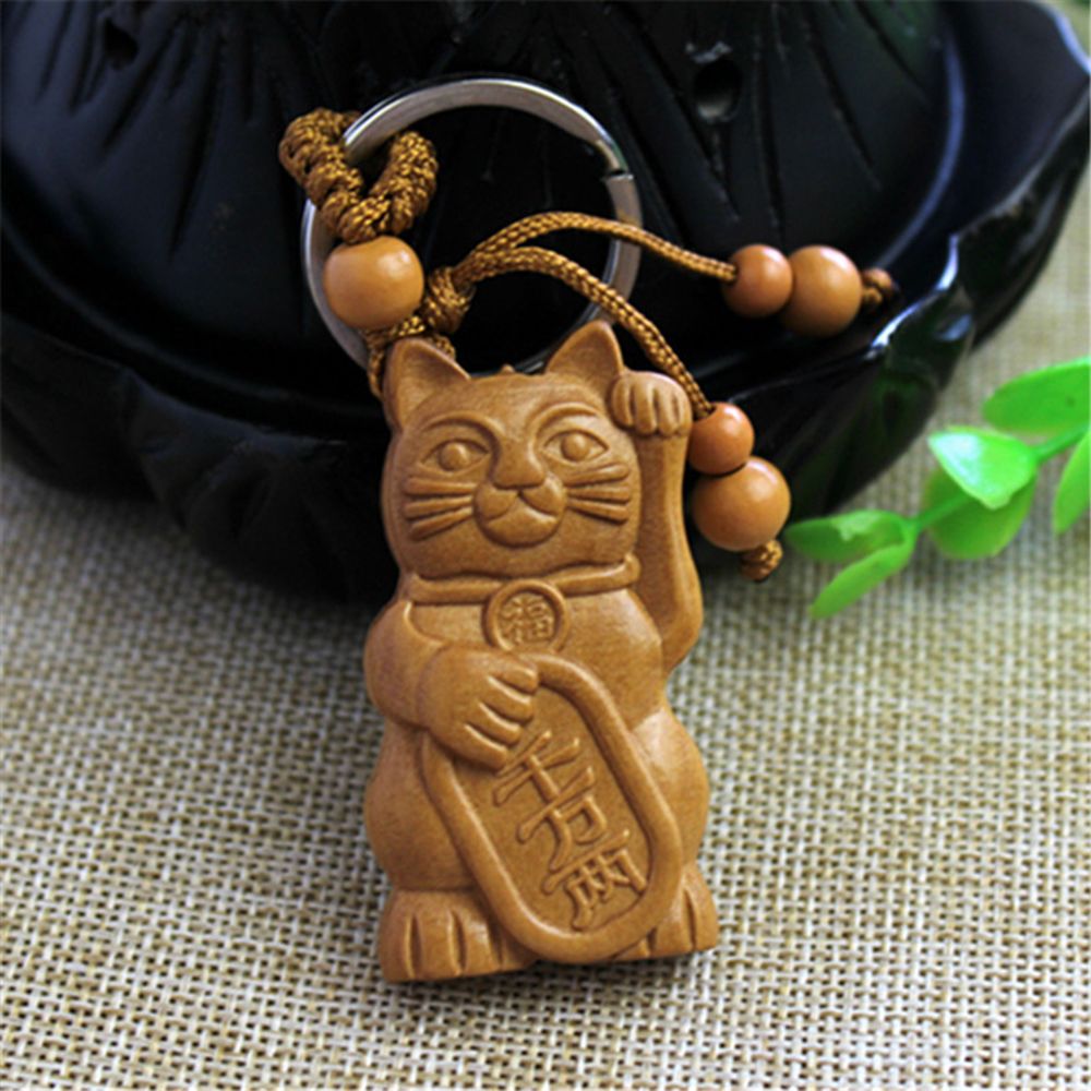 Wooden Lucky Fortune Cat Key Chain