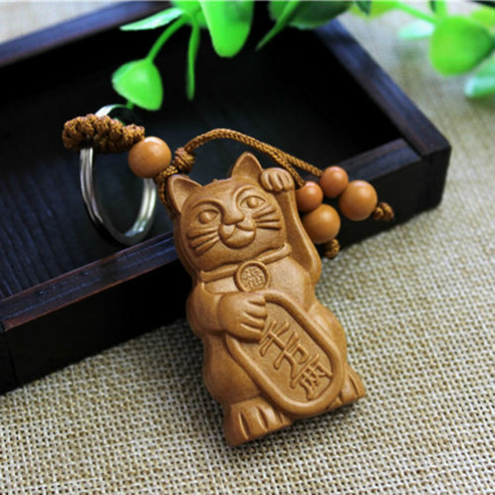 Wooden Lucky Fortune Cat Key Chain