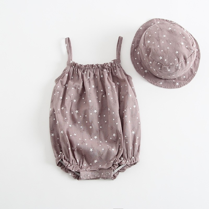 Stars Printed Baby Girl's Sleeveless Dress with Matching Hat