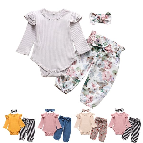 Baby Girls Long Sleeve Romper Pants Hairband Set