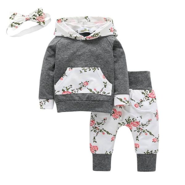 Baby Girl's Floral Hoodie and Pants Set with Headband - Image 3