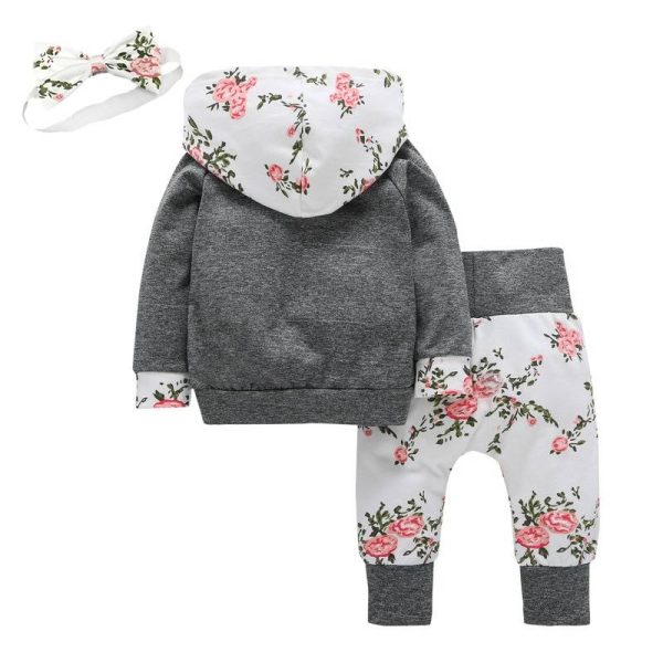 Baby Girl's Floral Hoodie and Pants Set with Headband - Image 4