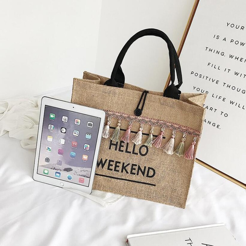 Women's Linen Hello Weekend Tassel Tote Bag
