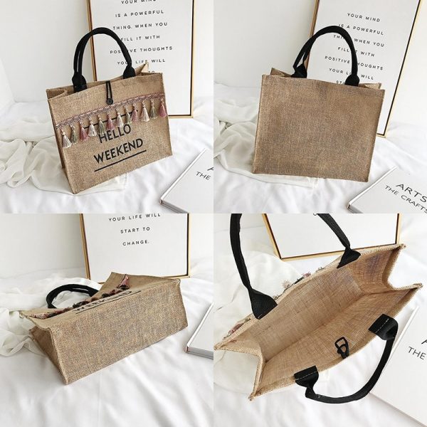 Women's Linen Hello Weekend Tassel Tote Bag - Image 5