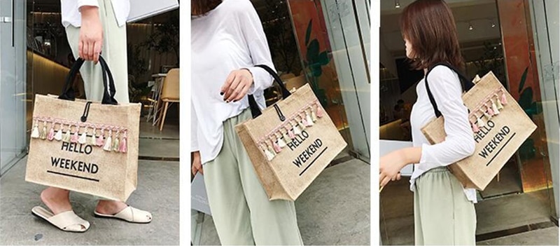 Women's Linen Hello Weekend Tassel Tote Bag