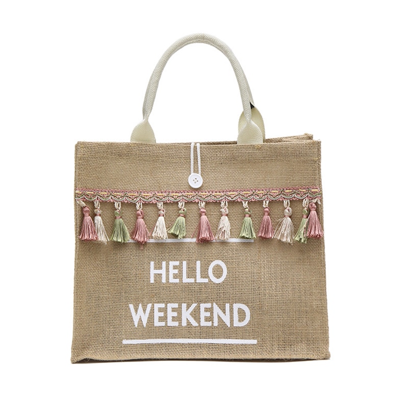 Women's Linen Hello Weekend Tassel Tote Bag
