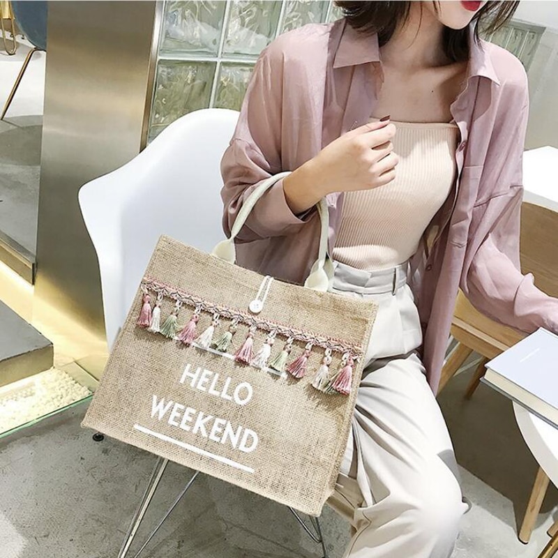 Women's Linen Hello Weekend Tassel Tote Bag