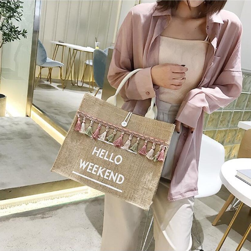 Women's Linen Hello Weekend Tassel Tote Bag
