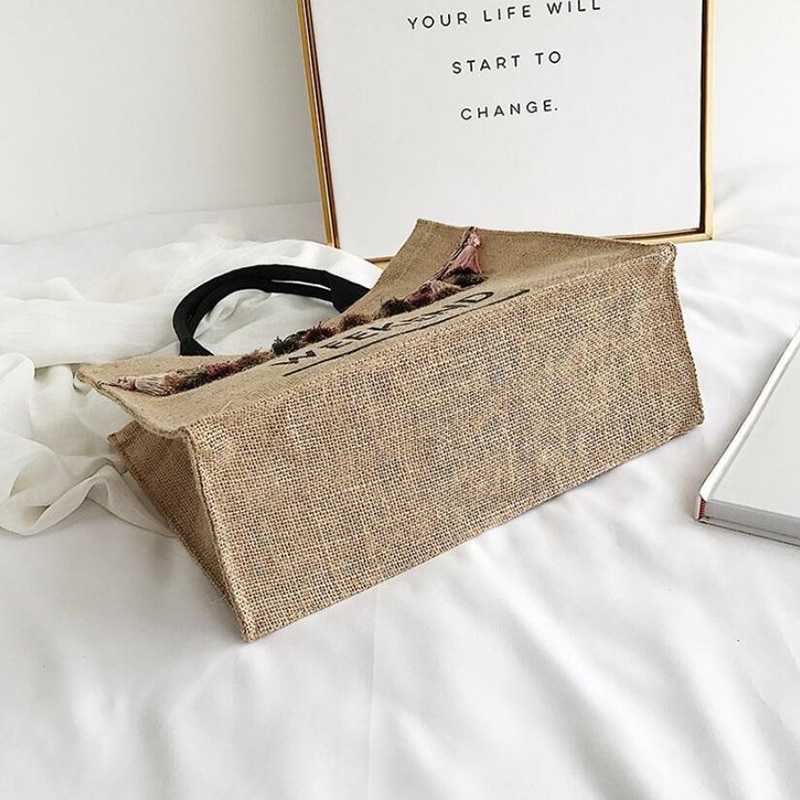 Women's Linen Hello Weekend Tassel Tote Bag