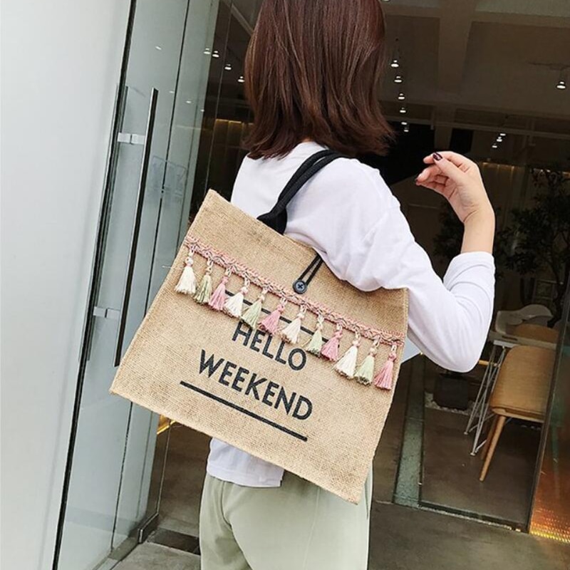 Women's Linen Hello Weekend Tassel Tote Bag