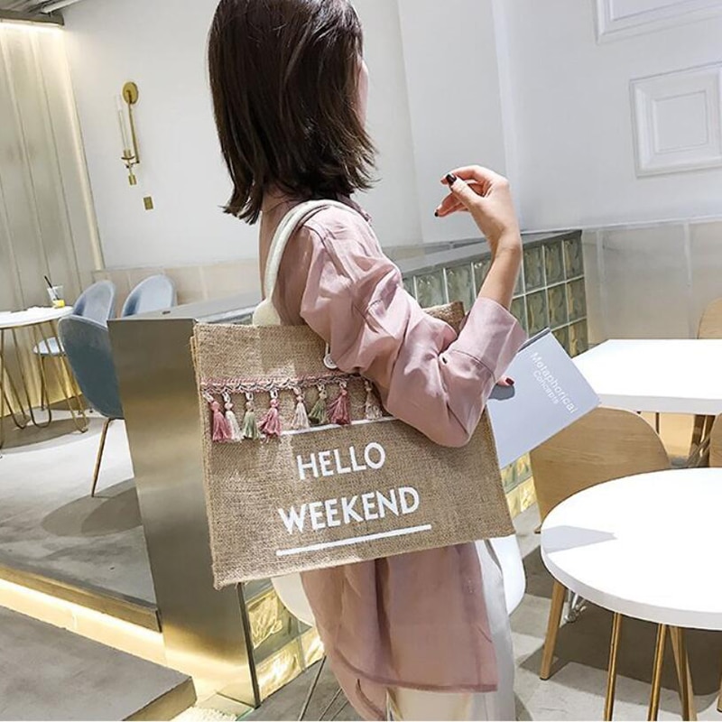 Women's Linen Hello Weekend Tassel Tote Bag
