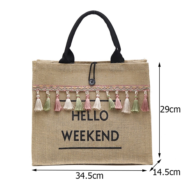 Women's Linen Hello Weekend Tassel Tote Bag