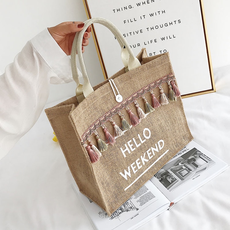 Women's Linen Hello Weekend Tassel Tote Bag