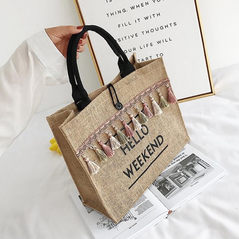 Women's Linen Hello Weekend Tassel Tote Bag