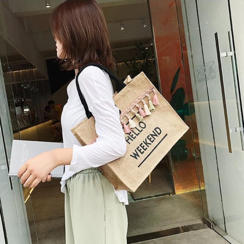 Women's Linen Hello Weekend Tassel Tote Bag