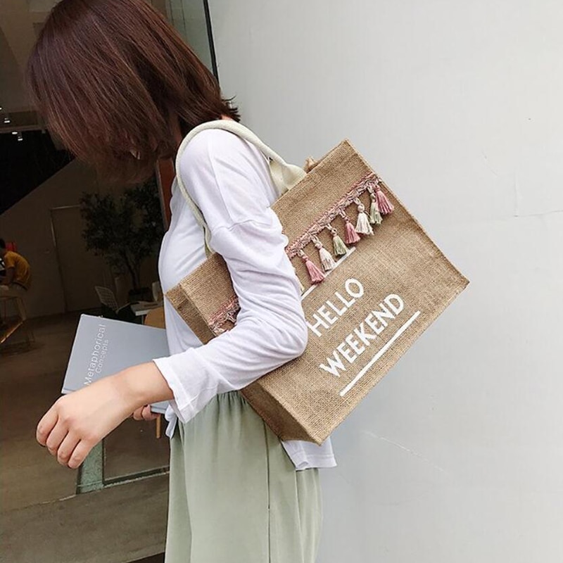 Women's Linen Hello Weekend Tassel Tote Bag