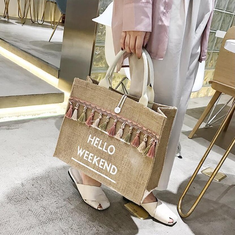 Women's Linen Hello Weekend Tassel Tote Bag