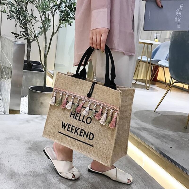 Women's Linen Hello Weekend Tassel Tote Bag