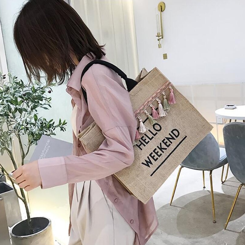 Women's Linen Hello Weekend Tassel Tote Bag