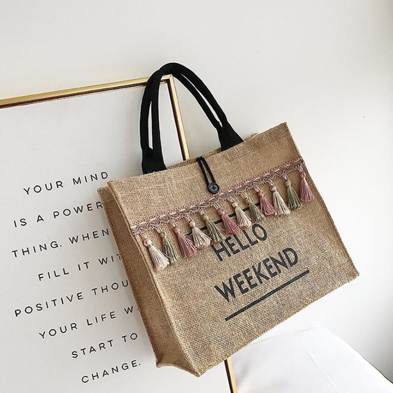 Women's Linen Hello Weekend Tassel Tote Bag