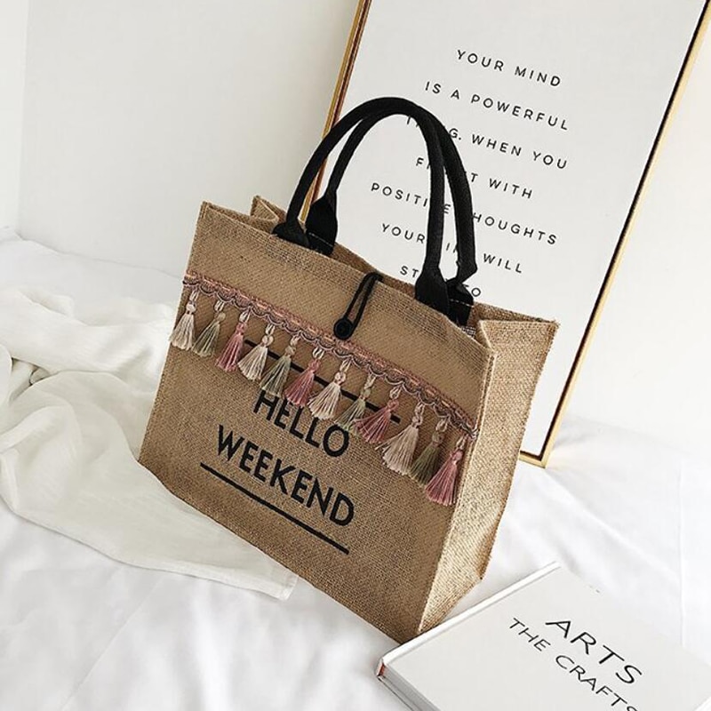 Women's Linen Hello Weekend Tassel Tote Bag