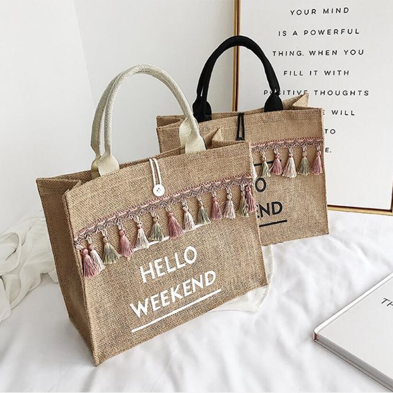 Women's Linen Hello Weekend Tassel Tote Bag
