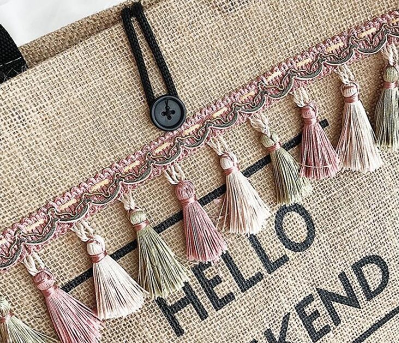 Women's Linen Hello Weekend Tassel Tote Bag