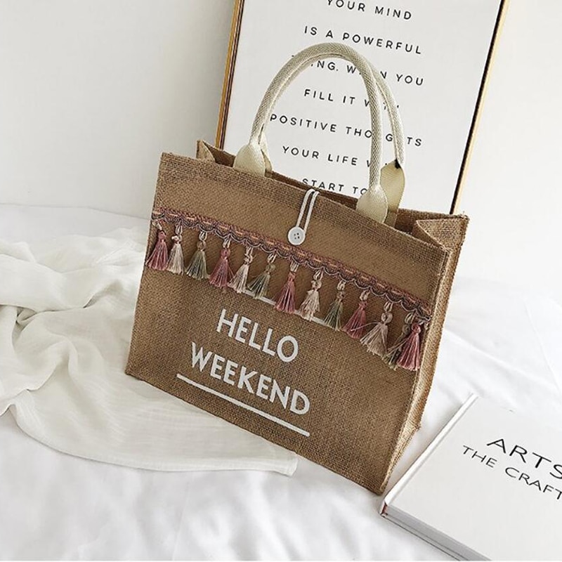 Women's Linen Hello Weekend Tassel Tote Bag