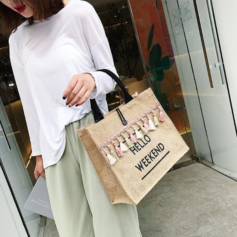 Women's Linen Hello Weekend Tassel Tote Bag