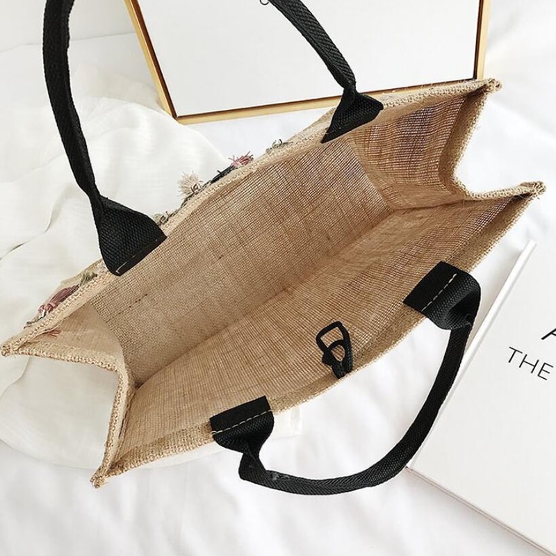 Women's Linen Hello Weekend Tassel Tote Bag