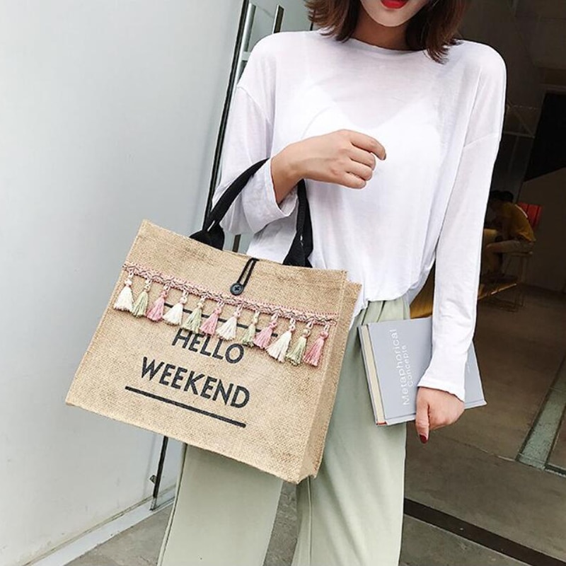 Women's Linen Hello Weekend Tassel Tote Bag