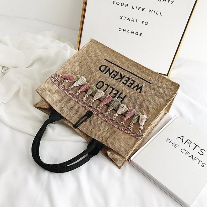 Women's Linen Hello Weekend Tassel Tote Bag