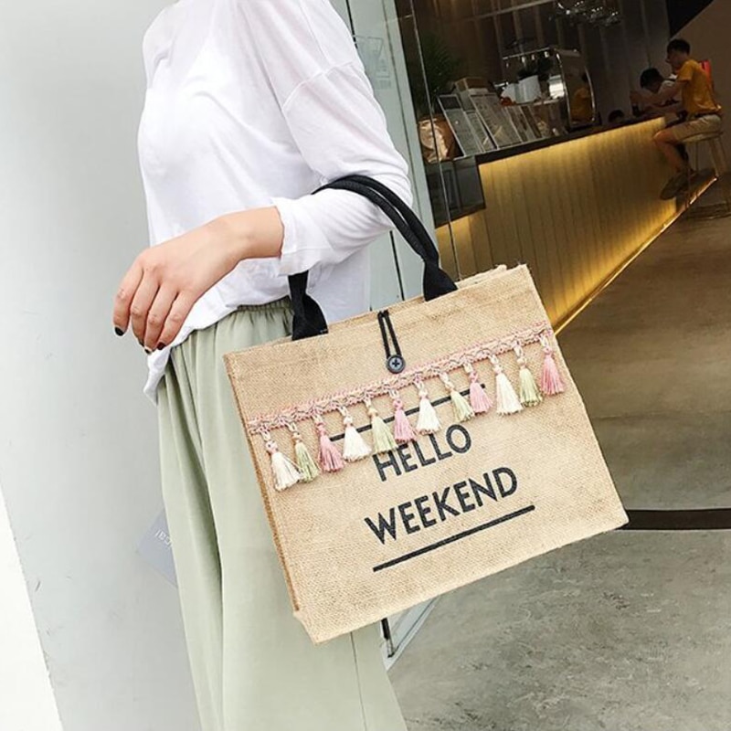 Women's Linen Hello Weekend Tassel Tote Bag