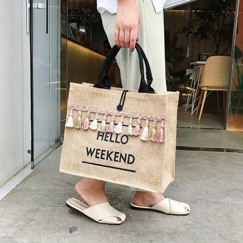Women's Linen Hello Weekend Tassel Tote Bag