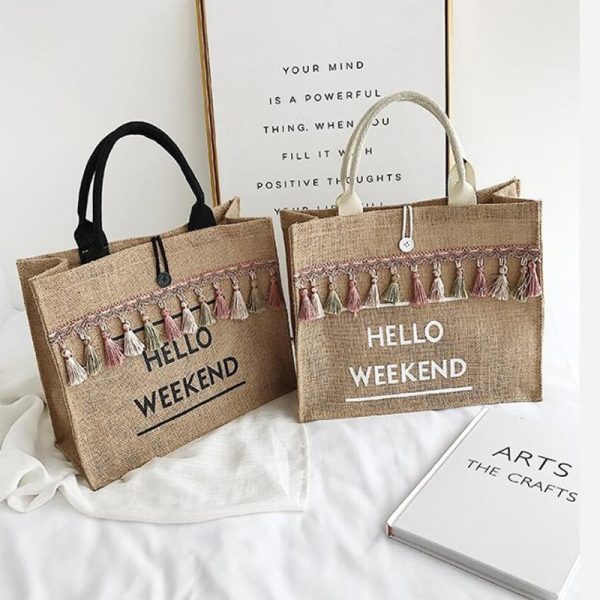 Women's Linen Hello Weekend Tassel Tote Bag - Image 6