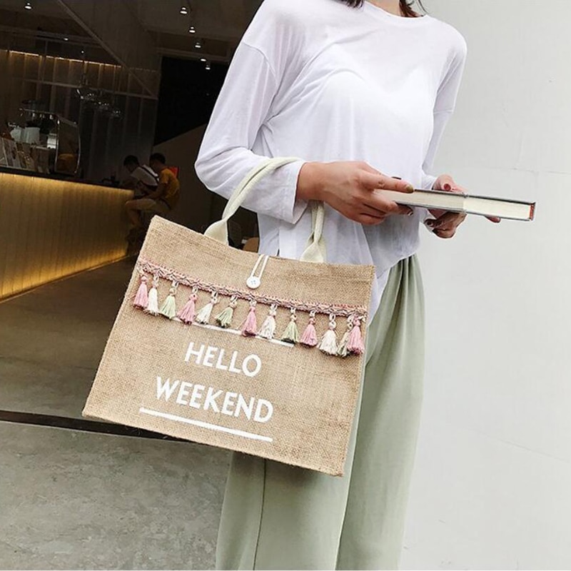 Women's Linen Hello Weekend Tassel Tote Bag