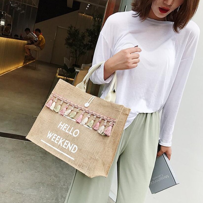 Women's Linen Hello Weekend Tassel Tote Bag